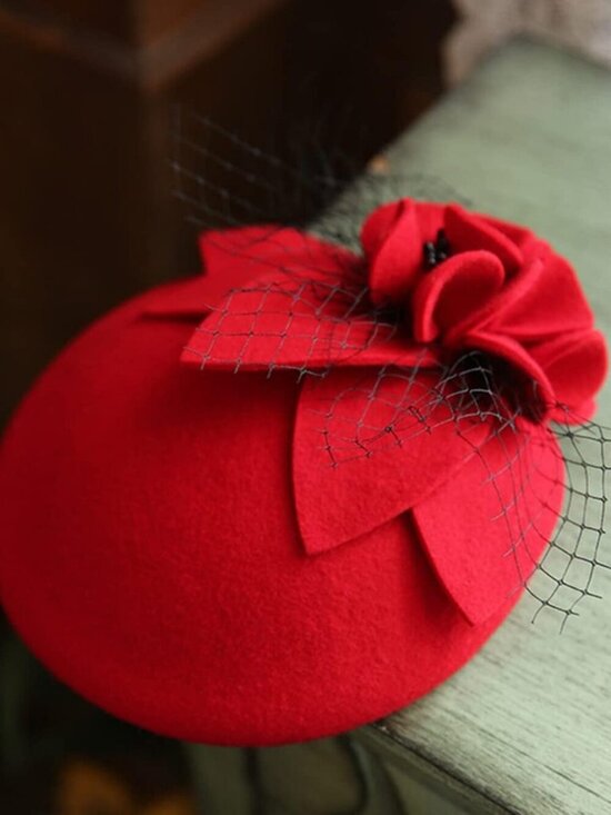 Women\'s Vintage 100% Wool Felt Cloche Bucket Bowler Hat Winter Vintage Bow Red
